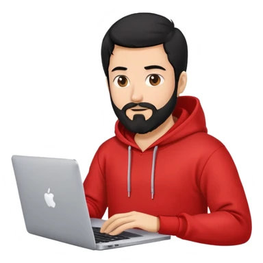 frontend developer doing coding, his hair is black with beard and red hoodie, macbook is there sticker