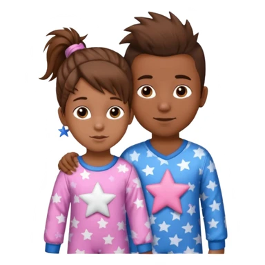 4 year old brown spikey haired boy with blue pajamas with stars on them and a 1 year old brown haired pony tail girl with pink pajamas, and stars on them sticker