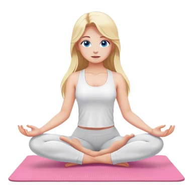 Cinematic realistic blonde with long hair and blue eyes, dressed in a white top and leggings, does yoga on a pink mat sticker