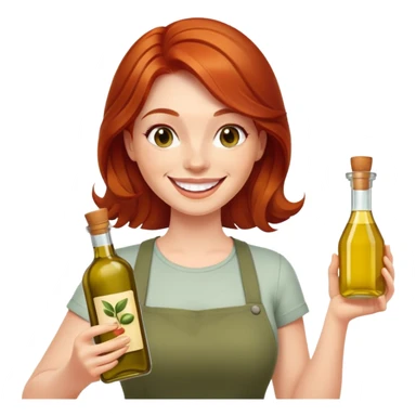 redhead woman with big smile holding olive oil bottle sticker