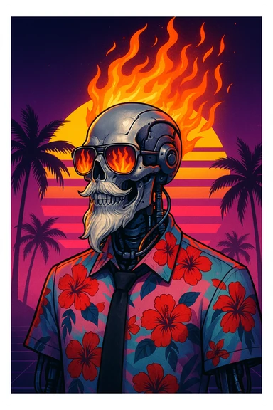 A cybernetic humanoid skeleton with a metallic silver skull, visible mechanical components, and a stylized white beard. The figure wears reflective sunglasses showing flames, with vivid orange and red flames erupting from the head like a mane. Dressed in a Hawaiian shirt with red hibiscus flowers on a pink and blue gradient, and a black tie. Mechanical parts and glowing tubing are visible under the collar. Background: synthwave sunset with a large stylized sun, neon gradients, and silhouetted palm trees. Style: cyberpunk, vaporwave, retrofuturism. sticker