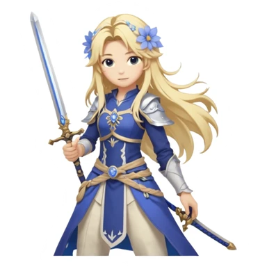 White and golden, blonde, long-haired Lumine (from Genshin Impact) with a pastel-indigo flower in hair and with a sword (full body) sticker