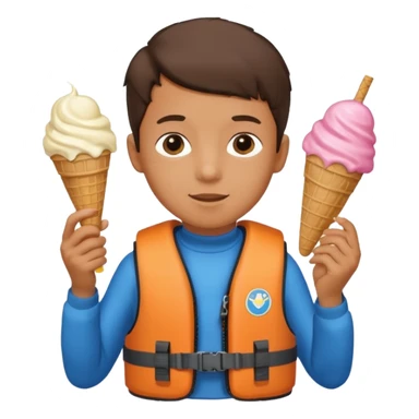 boy kid wearing lifejacket, holding ice cream sticker