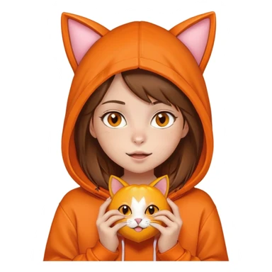 Una niña piel blanca, pelo castaño y lacio, ojos color miel, con un poleron naranja que en el gorro tiene una cara y orejas de gato, mordiendo un corazón naranja  sticker