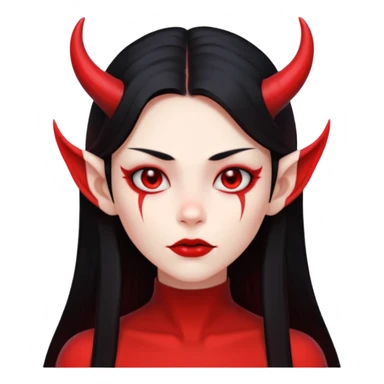 Head only demon girl: ENTIRE skin flat solid red, long straight sleek black hair, sharp cheekbones/jaw, small horns; centered, no body, no text. sticker