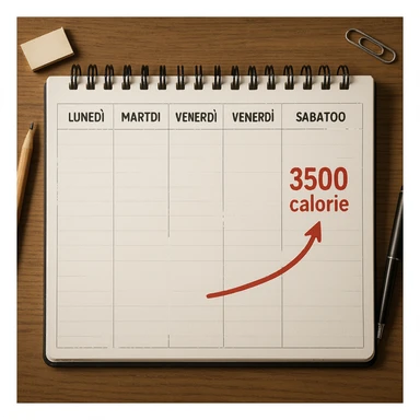 Hyperrealistic top-down view of a weekly calendar in Italian, showing days from Monday to Sunday. Only Saturday and Sunday have the text '3500 calorie' with a red arrow connecting both days, with no red circle on Friday. 4K details, desk atmosphere. sticker