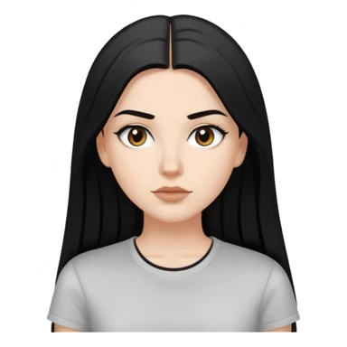 white girl, black long straight hair, brown eyes, dark eyebrows, small lips, black t-shirt sticker