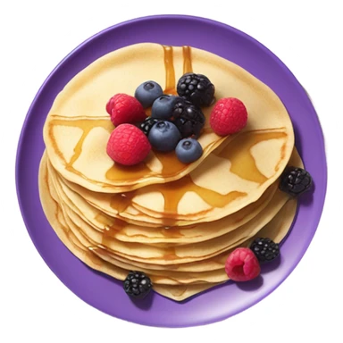 Crepes on a purple plate with maple syrup and berries sticker