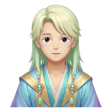 Beautiful gorgeous romantic blushing youthful handsome anime guy with beautiful iridescent-pastel-whitish-special-medium-long-hair, fashion aesthetic, ethereal, fairycore, pastelcore, layered robes, accessories, jewelries, colorful, shiny, trending style, outside sticker