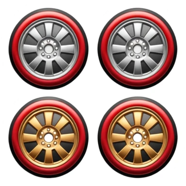 Emoji-style car membership badges: silver wheel, bronze exhaust, red rims, black spoiler, gold wheel — in progression." sticker