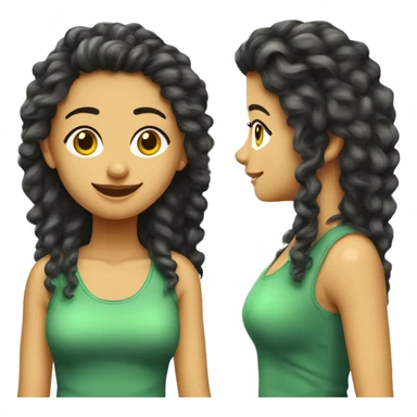 Chica morena pelo rizado largo y flequillo con ropa verde delante ordenador sticker