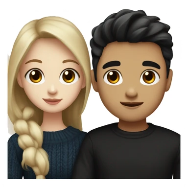 dark Blonde girl with blue eyes in black sweater and an east asian with light skin man with black hair and black eyes hugging sticker