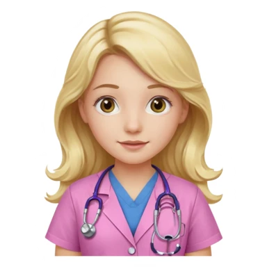 pale blonde girl with long wavy hair and hazel eyes wearing pink scrubs and stethoscope  sticker
