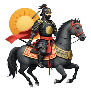 clash-of-clans-aesthetic_-cinematic-fearsome-and-majestic-samurai-bust-portrait-emoji, rendered in a flat, vector-style with minimal shading and bold, simplified shapes typical of emoji art, depicting a battle-hardened samurai with black mask and traditional black Japanese armor. The samurai is riding a noble grey warhorse adorned with an intricately designed saddle and fluttering banners and a rising sun. a zoomed insamurai riding on a  horse sticker