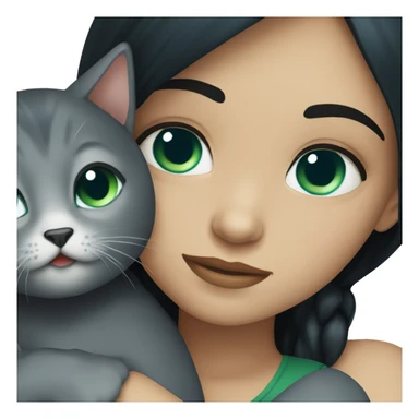 Girl with black hair and blue green eyes hugging her Cat that is dark grey with green blue eyes  sticker