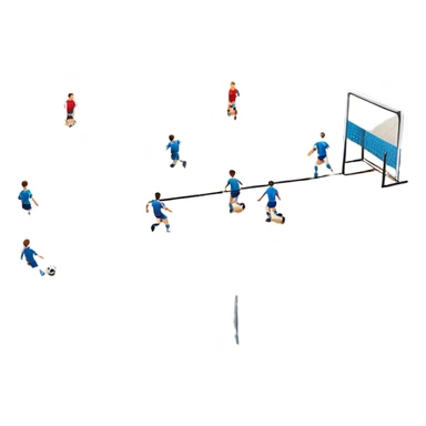 A mini-football match in an indoor sports hall with wooden flooring and clear field markings. The scene shows a vibrant game in action, with players positioned on the court, the goalposts visible, and the atmosphere filled with energy and focus. sticker