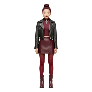 Apple emoji style. Full-body East Asian woman with a single sleek bun below the ears. Oversized hip-length black leather jacket, black turtleneck, silver Vivienne Westwood orb necklace. Low-waist A-line burgundy leather skirt, burgundy tights, red long boots. sticker