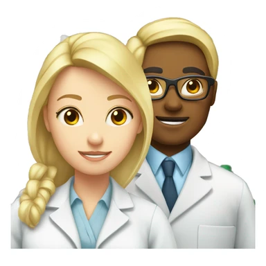 Chemist in lab with no glasses next to blonde female pharmacist sticker