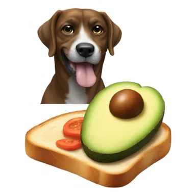 a dog eating a avocado toast whit a cofre sticker