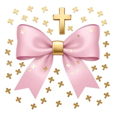 super pale pink bow confetti but the paper confetti are the pale pink bows all spread out with white tiny glitter and then with golden crosses on it and a white band in the mjddle sticker