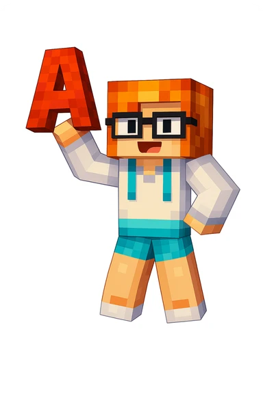 Edit the image to make the character hold the letter A in their hand, keeping the original Minecraft cartoon style and pose. Only add the letter A, do not change anything else. sticker