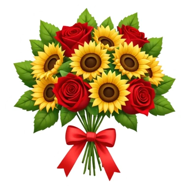 sunflowers and red roses bouquet tied with a bow sticker