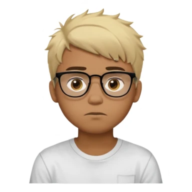 Teenager. Short buzz, messy blonde hair. Dark brown bushy eyebrows large expressive golden-brown eyes, brown skin color, scar over nose, wearing a plain white t-shirt. wearing clear thick black glasses. 20 year old male. thinking facial expression. brown skin color.  sticker