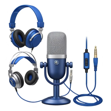 Create a sleek and professional emoji that represents voice acting and dubbing equipment. The design should feature a high-quality microphone, a sound mixer or audio interface, and headphones to symbolize the recording and technical process. Include elements like a soundproof booth or audio cables to reflect the studio environment. Use a modern, clean design with colors like silver, black, and dark blue to represent the professional side of voice acting. The background should be transparent. sticker