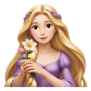 Cinematic Realistic Rapunzel Portrait, with porcelain-like skin featuring a subtle, natural glow, illuminated by soft lighting that brings out the gentle contours of her face. Her long, golden blonde hair cascades in detailed waves, each strand highlighted with a radiant shimmer as it catches the light. She playfully holds a flower in one hand, her other hand resting casually in her lap, with a warm and spirited expression. Her bright, expressive green eyes exude curiosity and warmth, framed by delicate lashes and soft, arched brows. She is dressed in her classic lavender and pink gown, the fabric textured with delicate folds that flow naturally, catching the light with a soft, radiant glow. The portrait captures a luminous, enchanting aura, seamlessly blending realism with a whimsical, fairytale charm, evoking a timeless sense of beauty and magic. sticker