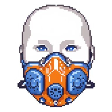 Pixelated blue VO2 max face mask with breathing tubes and valves, no person sticker