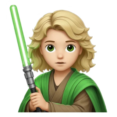 Young jedi with dirty blonde wavy hair holding a green lightsaber sticker