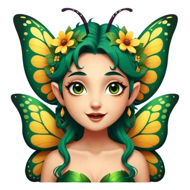 Cinematic Realistic Forest Fairy Portrait, head tilted dramatically with an exaggeratedly amused expression, featuring a striking, nature-infused form with glowing, sun-kissed tanned skin and vividly detailed dark green hair adorned with floral accents. Her expressive eyes brim with playful forest mischief, rendered with vibrant, lifelike textures and dynamic dappled lighting that conveys a spirited, over‐the‐top woodland whimsy showing her large butterfly wings from her back. sticker