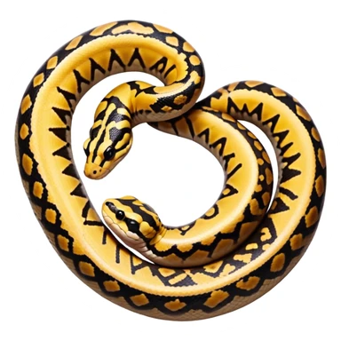 A photo-realistic top-down view of a Ball Python gently coiled into a tight spiral, with its head resting peacefully at the center. Its scales are warm brown with bold, irregular black markings, including the distinctive “alien-head” pattern, flowing smoothly along its body.  sticker