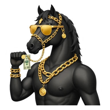 Black Horse looks gangster with Golden chains, sunglasses and Holds money sticker
