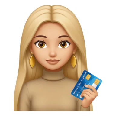 a pretty bratz fair indian girl wearing a beige turtleneck, golden earrings, straight ling hair, holding bank cards sticker