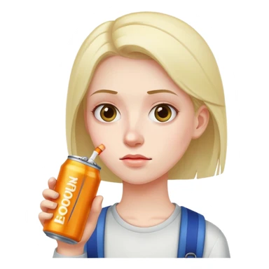 student holding energy drink can, tired face sticker