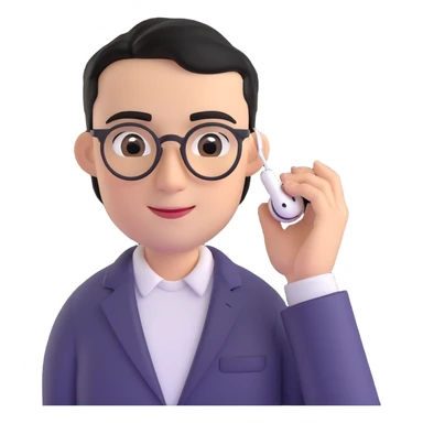 Memoji-style 3D cartoon male avatar, light skin, short black hair, parted slightly, large black eyes, thin arched eyebrows, small sharp nose, smiling, round glasses, silver AirPods Max, black blazer, white T-shirt, relaxed and smart, curious and attentive, podcast host sticker