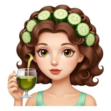 Beautiful girl with long brown hair with curlers in hair and cucumber on eyes, sipping wine from teacup sticker