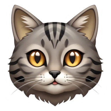 Cinematic Cute Grey and Black Brown Tabby Cat Portrait Emoji, Head tilted playfully and inquisitively, sleek grey-brown fur with bold black tabby stripes and a distinctive M-shaped marking on the forehead, sparkling amber eyes, Simplified yet irresistibly adorable features, highly detailed, glowing with a warm, friendly glow, high shine, affectionate and curious, stylized with a touch of whimsy, bright and endearing, soft glowing outline, capturing the essence of a mischievous yet loving kitten, so playful it feels like it could pounce out of the screen and into your arms! sticker
