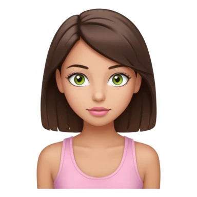Create a teen girl wearing a light pink tank top. She will have brunette hair, tan skin, pink lips, and grey-green eyes. She has long eyelashes. sticker
