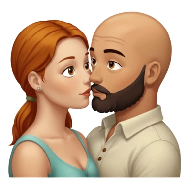 Couple. Bald man with dark brown-black beard. White woman with many small, faded freckles, she has white skin and she has auburn-yellow-brown-cinnamon, dark long hair. She has light brown eyes. The man have hazel eyes. Retro style. They kiss. sticker