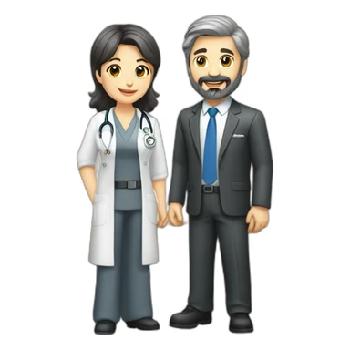 husband caucasian dark gray hair trimmed beard wearing business suit holding bible, wife asian age 55 dark hair nurse uniform, no children sticker