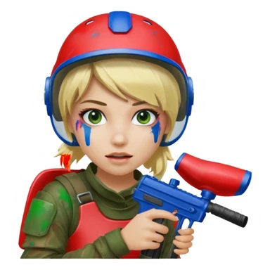 blond girl playing paintball with red paintball helmet, only face sticker