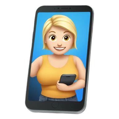 overweight blondie woman happy with a smartphone in hands showing charts sticker