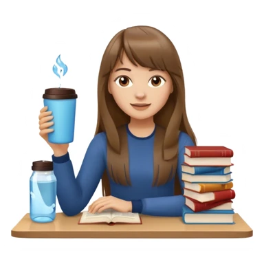 a designer with light skin long brown hair bangs waving, stack of books, coffee cup on top, water bottle  sticker