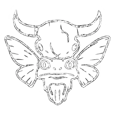 a terrifying minimal red line art of a hybrid monster combining minotaur skull with horns, stoat face elements, frog mouth/eyes, and moth wings sprouting from skull, transparent hollow center, distressed appearance with deliberately missing sections, smudged edges, torn lines, and weathered texture, sparse red lines only sticker