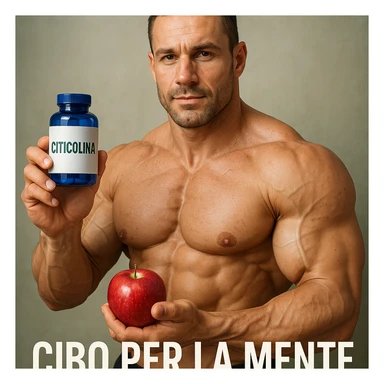 hyper realistic bodybuilder holding Citicolina and red apple, sculpted muscles, blue bottle and red apple, text 'Cibo per la mente', healthy atmosphere, realistic details sticker