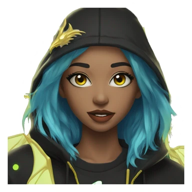 Lady with brunette and iridescent blue hair, gold, lime green dragon wings, black hoodie, bleach dyed, black and gold Nike t shirt, and bright red eyes sticker