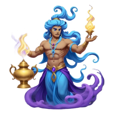 mystical fantasy illustration of a powerful jinn emerging from an ancient golden lamp. Glowing blue and purple smoke spirals upward in a smooth circular motion, creating the illusion of a looping animation.  sticker