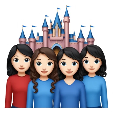 Castillo de Disney y por detrás o delante pon a quatro chicas: una con el pelo largo rizado marrón , otra con el pelo muy corto negro, como un chico, otra con el pelo mediano liso marrón con ojos azulesy otra con el pelo negro largo liso . Todos son color carne.  sticker